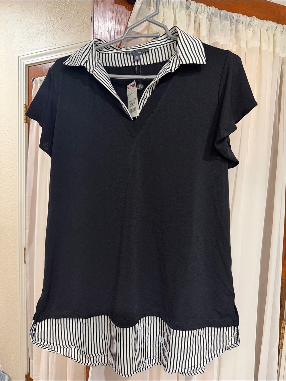 Adrianna Papell Black Layered-Look Polo Tunic with Striped Collar